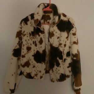 Cow Print White and Brown SHEIN Jacket. Small hole under armpit 100% polyester